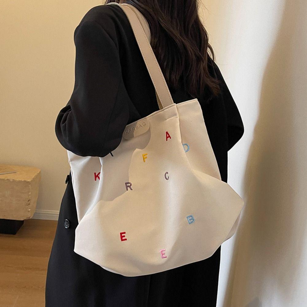 Inner Pocket Embroidery Letter Handbag Simple Elegant Shoulder Bag Student Tote Bag  Shopping