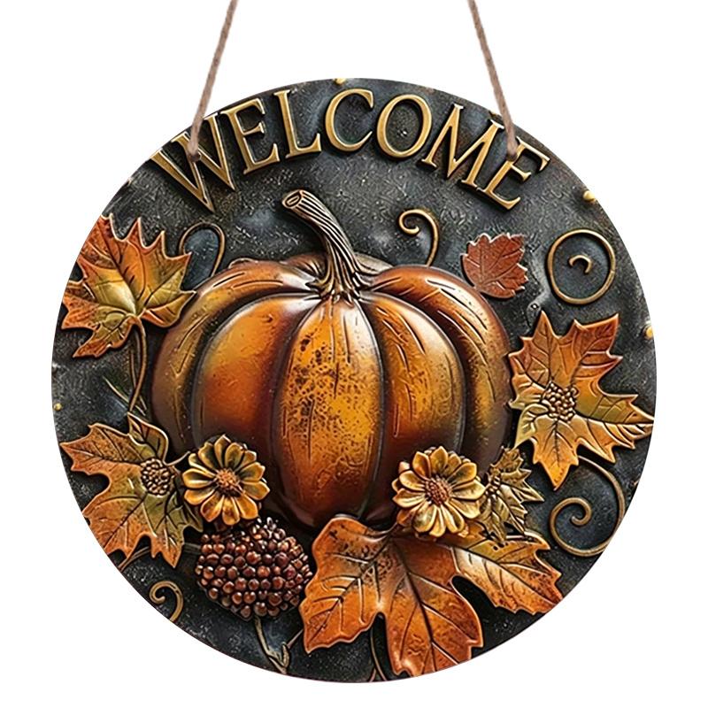 2D Flat, 1pc Fall Leaves Round Aluminum Sign, Pumpkin Round Aluminum Sign, Autumn Decor Metal Sign - Welcome Rustic Metal Wall Art, Wall Decor Signs