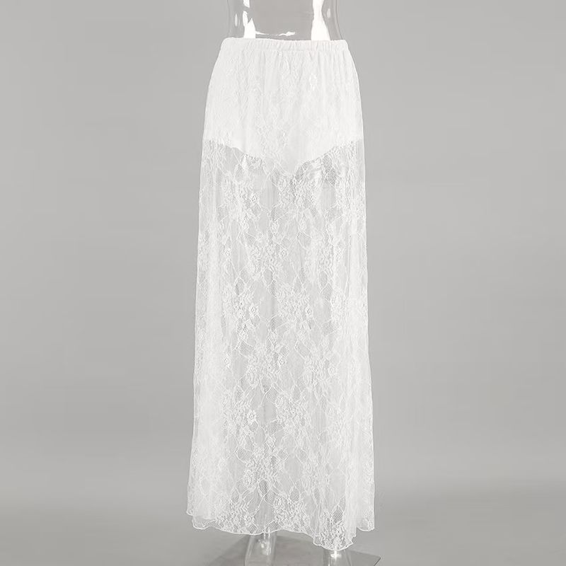 

Western Style Sexy Lace Perspective Skirt Slimming Long dress Sexy Perspective Lace Skirt White S