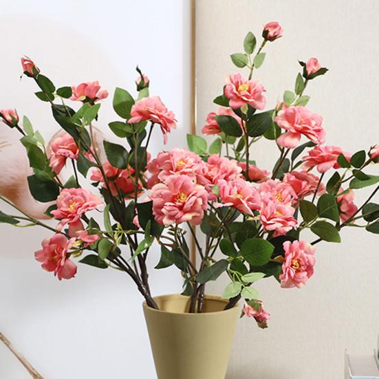 4-stämmiger künstlicher Kamelienbaumzweig mit 6 Blütenköpfen, unechte Seiden-Kamelienblüten mit Stiel für Vase, Hochzeit, Büro, Zuhause