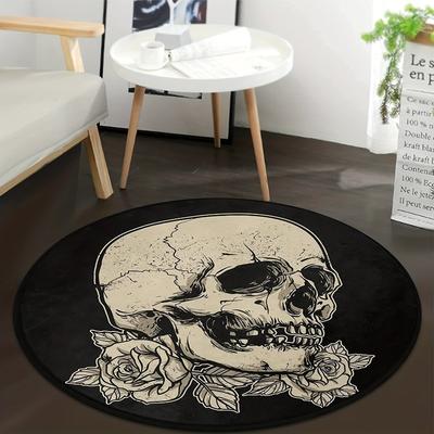 Round Skull Non-Slip Carpet Skull Rose Black Round Carpet Non-Slip Carpet Floor Mat Suitable for Kitchen Bedroom Living Room