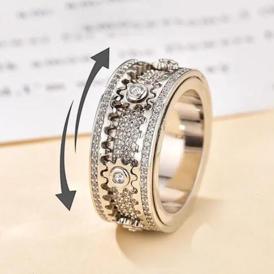 Finger Band Adjustable Anti-Anxiety Fidget Ring Stainless Steel Cubic Zirconia Inlaid Rotating Design Meditation Ring