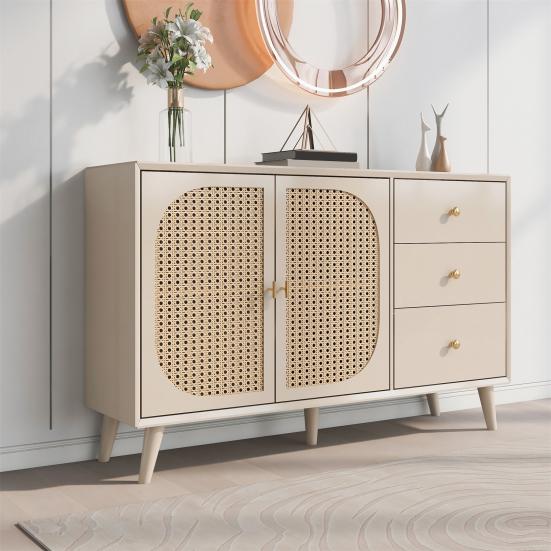 TV Desk Spacious Countertop with 3 Drawers 2 Doors Hutch Cabinet Ergonomic Handle Living Room Home Sideboard Dining Furniture Kitchen