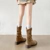Braune Mode Vielseitige Retro V-Ausschnitt Dicke Ferse Mittelstiefel Damen Sommer 2025 Neu Skinny Maillard Martin Stiefel