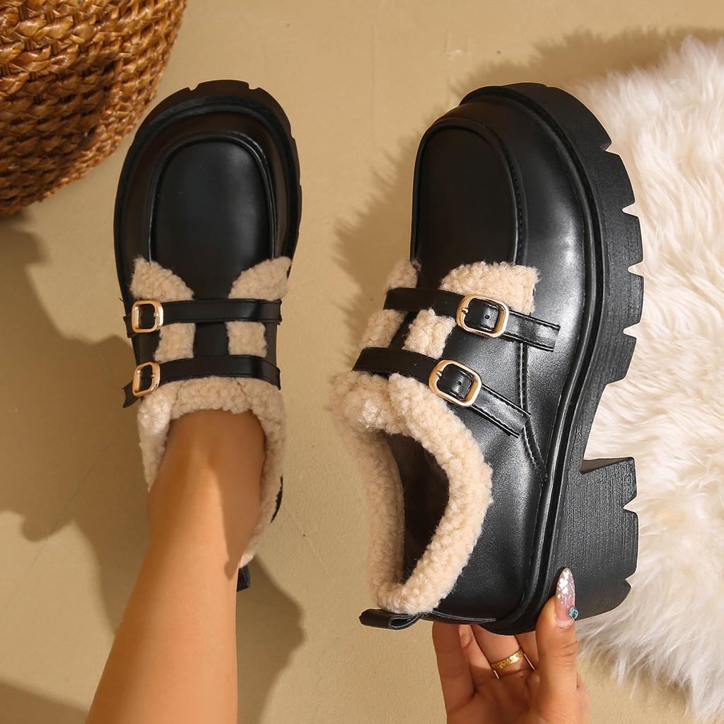 Women's thick soled large size thickened winter warm fur one snow boots padded lining ankle boots non-slip hiking sports shoes leather shoes Loafers