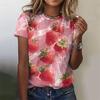 Women's summer fruit pattern T-shirt with 3D strawberry and watermelon print, short-sleeve, loose-fitting, round-neck top for summer
