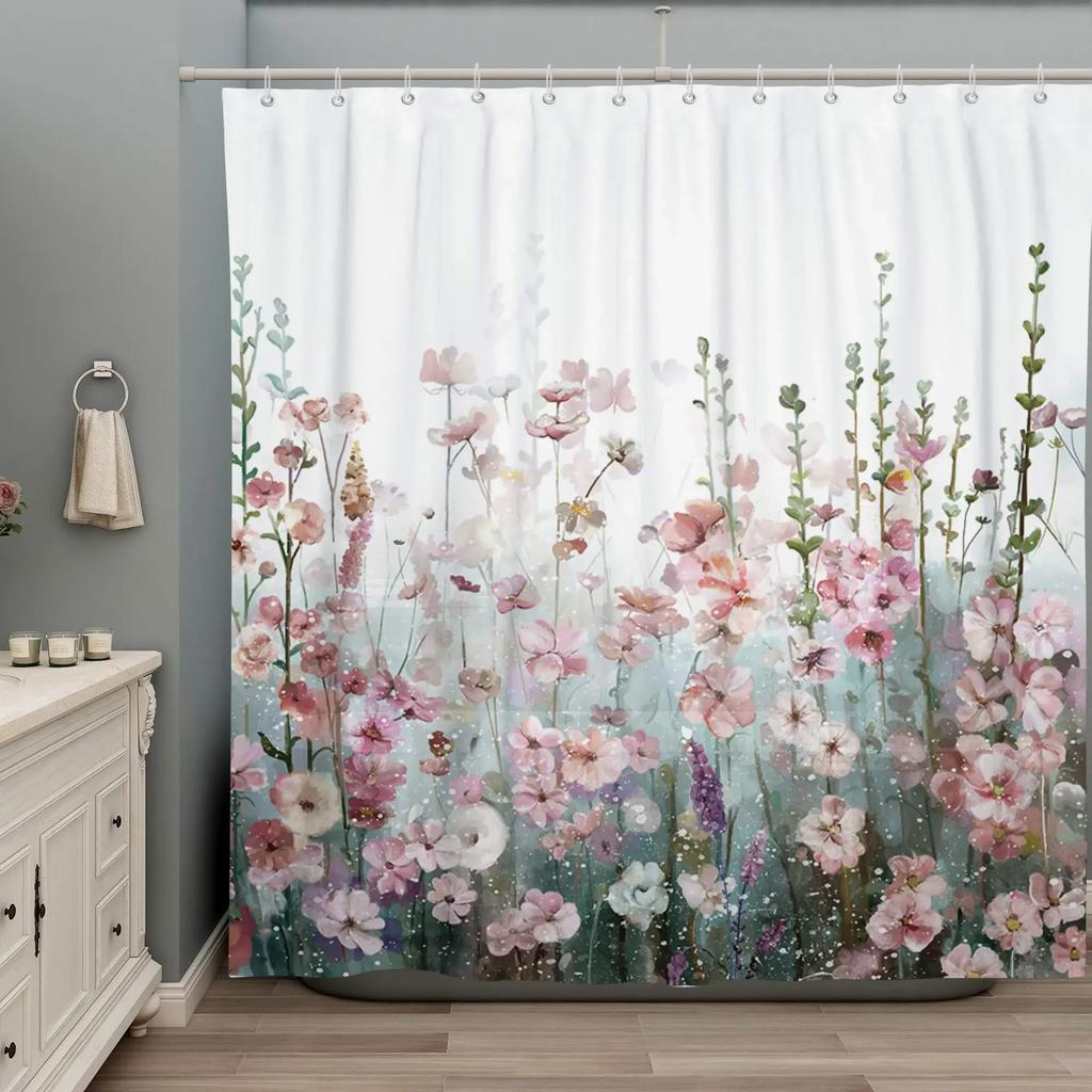 Floral Shower Curtains for Bathroom Pink Plant Flowers Watercolor Butterfly Wildflower Botanical Bathroom Curtain Set,Waterproof