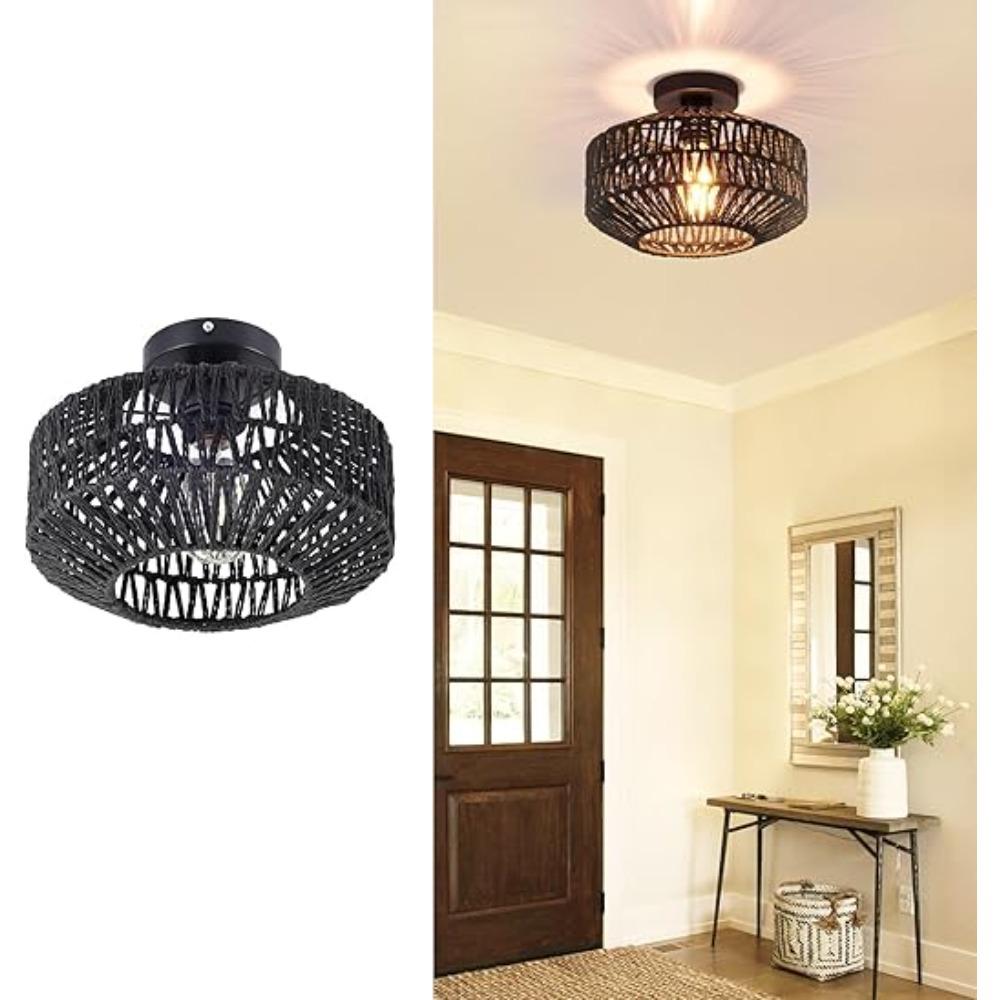Black French Farmhouse Retro Chandelier Handmde Straw Jute Shade Iron Frame Rustic Ceiling Lighting for Bedroom Living Room
