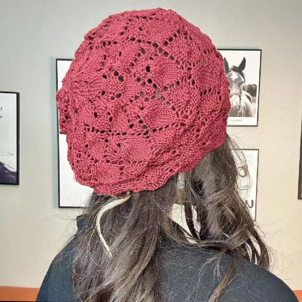 Women's Fashion Hollow Spring and Summer Hat Breathable Lace Thin Headscarf Knitted Slouchy Head Hat Hair Covering Hat