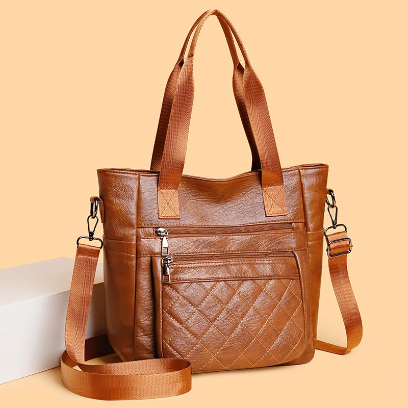 Large Capacity Shoulder Bag Soft Leather Women's Vintage Commuter Tote Bag Multi-Compartment Crossbody Bag