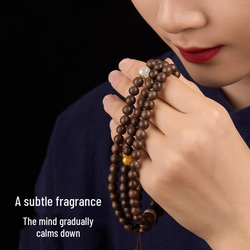 Natural Kynam Agarwood 108-Bead Multi-Strand Prayer Bracelet for Women and Men
