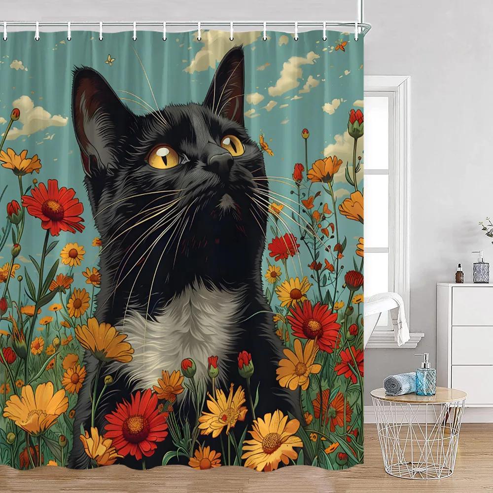 Grappige Katten Douchegordijn Katten Rijden op Haaien Cool Schattige Katten Honden Bloemen Zomer Badkamer Decoraties Polyester Badgordijn
