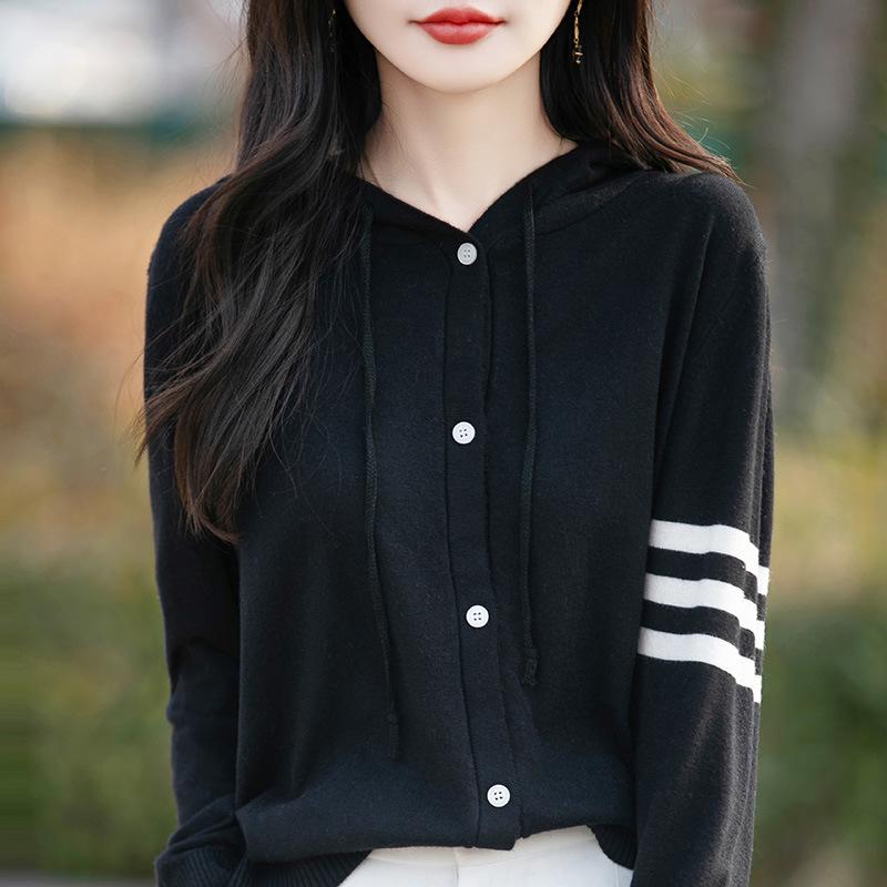 2026 Spring/Summer Women's Lightweight Wool Knit Hooded Cardigan with Three Stripes