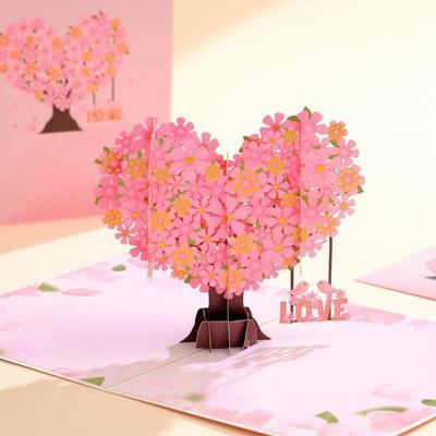 Pop-Up Mechanism 3D Pop Up Card Heart Shape Greeting Card Cherry Blossom Card  Mother’s Day Gift