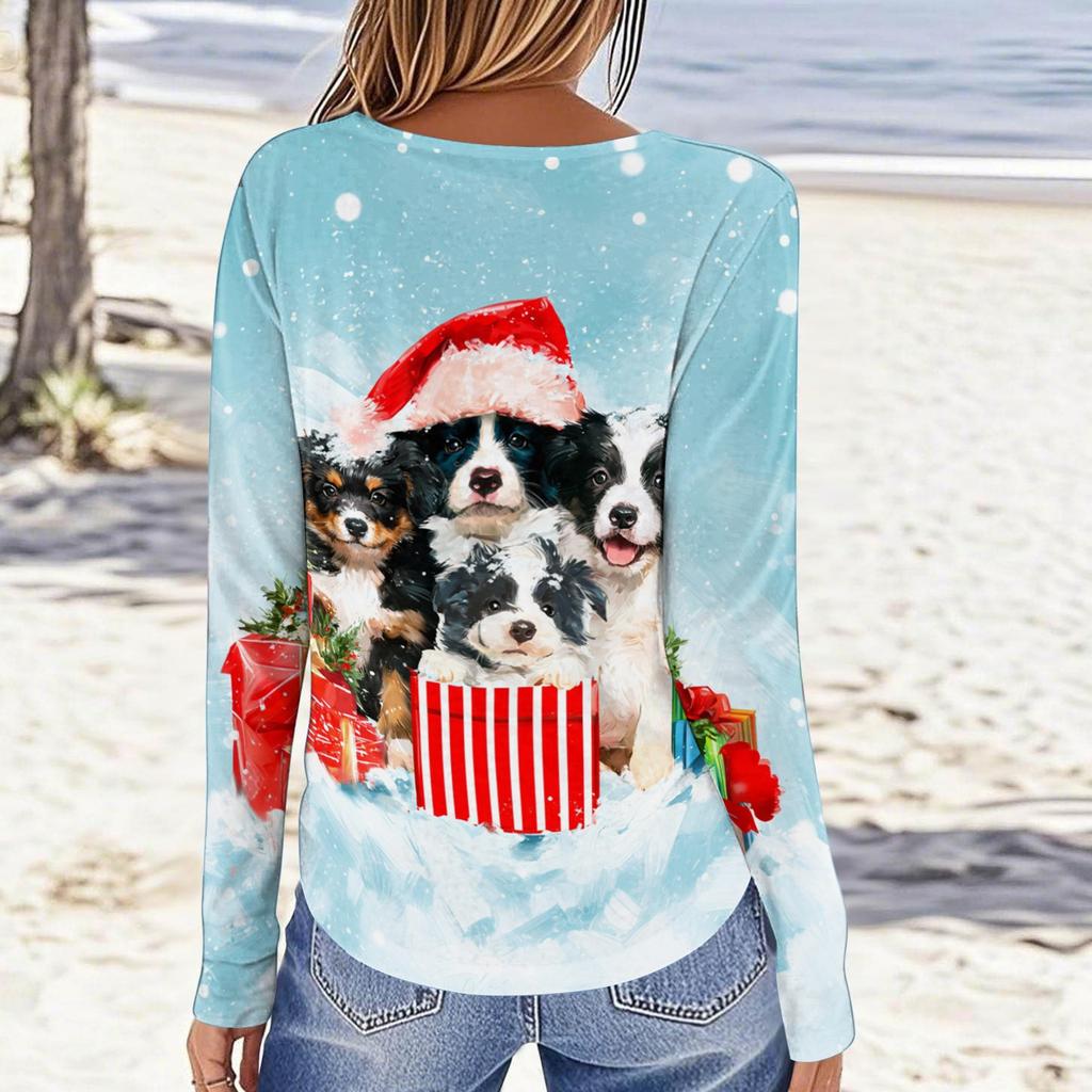 Women's Christmas Printed Long Sleeve Round Neck Top Casual Blouse