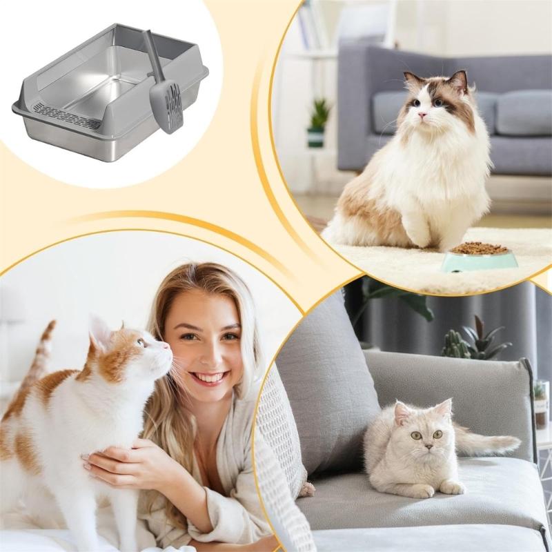 Large Half Enclosed Cats Litter Pan Stainless Steel AntiSplash Design Ventilation Litter Tray for Indoor Outdoor Cats