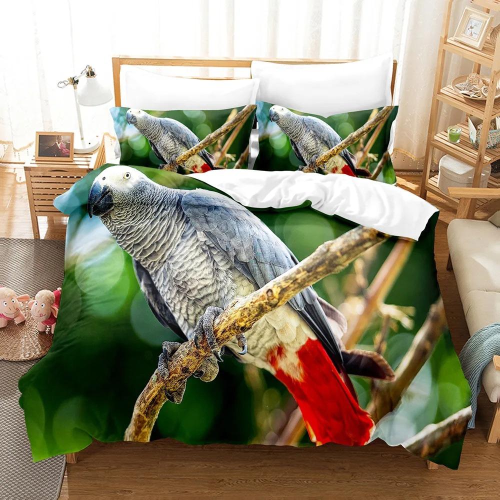 Parrot Duvet Cover Set King/Queen Size, Lovely Gray Parrot Themed Bedding Set For Kids Adults, Trees Bird Duvet Cover, Green