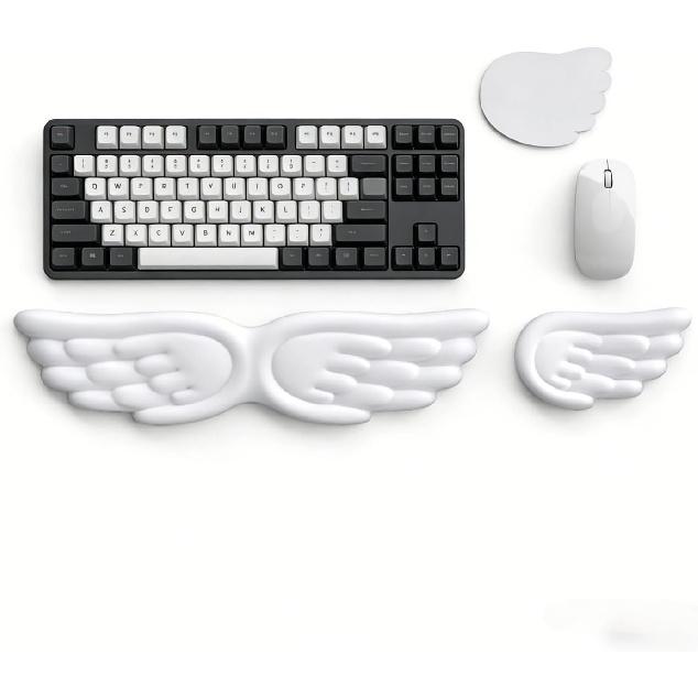 Angel Wing Wrist Rest Ergonomic Memory Foam Wrist Rest for Computer Keyboard Mouse Set, Cute Gaming Keyboard Cushion Hand Support PU Leather Surface