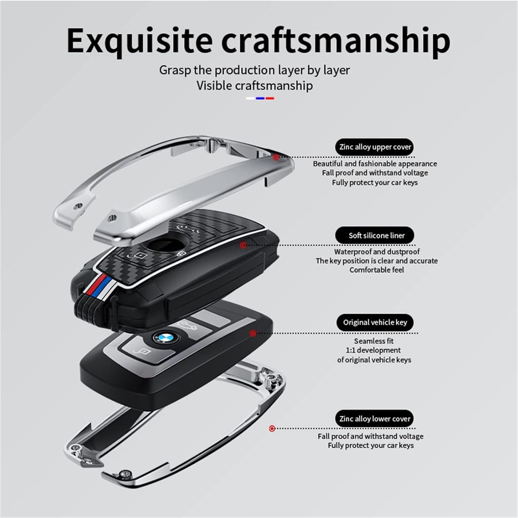 Key Fob Cover Case, Keychain, Metal Shell Cover Compatible For BMW 1 3 4 5 6 7 Series X3 X4 M5 M6 GT3 GT5 (Gunmetal-Carbon Fiber)