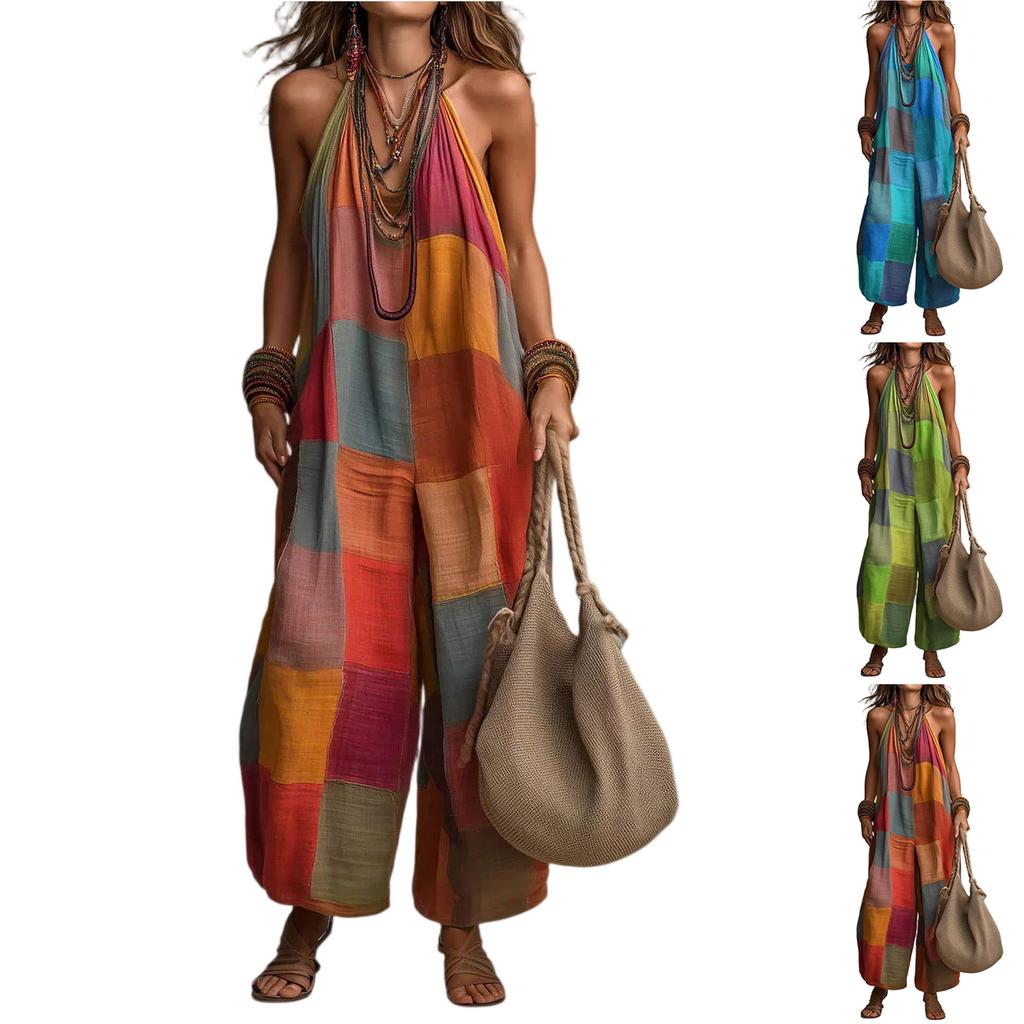 Women Sleeveless V Neck Jumpsuit Loose Fit Wide Leg Romper Casual Summer Beachwear Lightweight Breathable Fabric