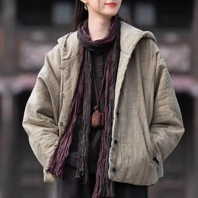 Women Vintage Cotton Hooded Parkas Button Long Sleeve Warm Coats Winter Chinese Style Women Parkas