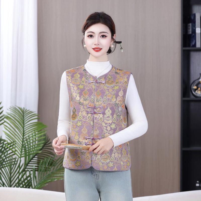 Damen Retro Chinesischer Stil Froschknopf Rundhals Weste – Frühling/Herbst Kürbis Jacquard Design