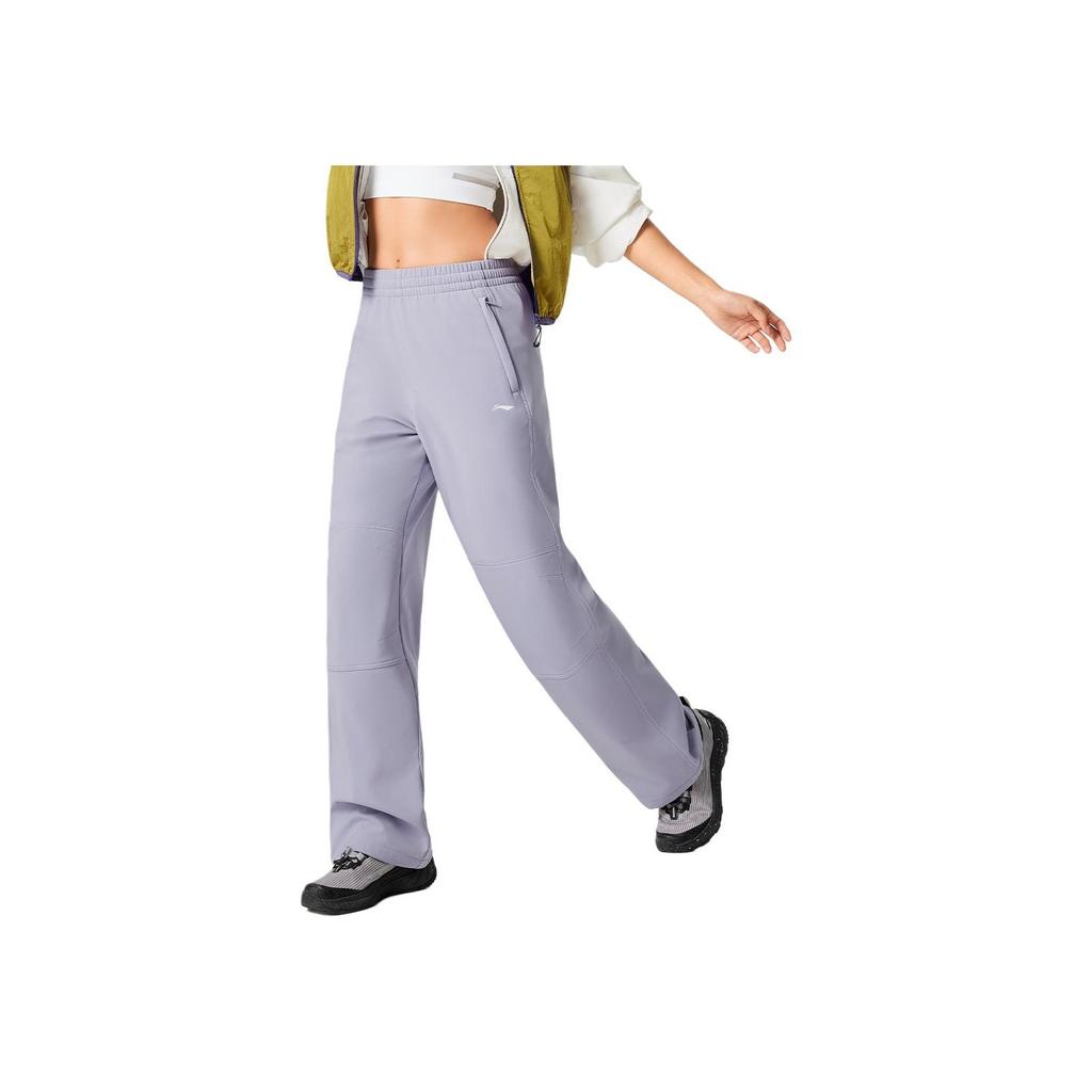 Li Ning Comfortable Simple Versatile Thick Straight Leg Fleece Lined Warm Knitted Sports Pants Women bottoms Misty-Purple AYKV718-5