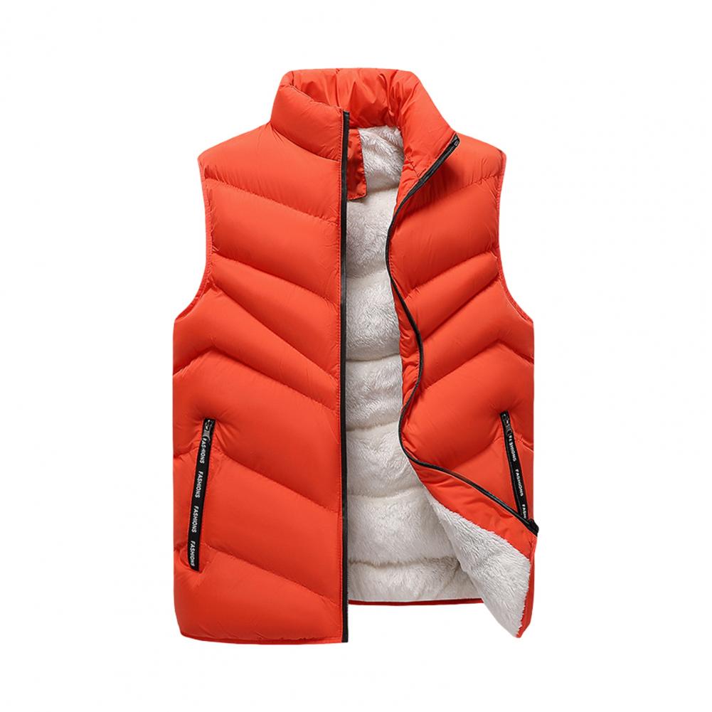 Cotton Waistcoat with Pockets Men's Stand Collar Sleeveless Cotton Vest with Plush Lining Zipper Placket Solid Color Waistcoat
