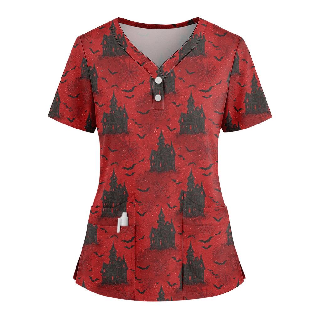Women's Loose Short Sleeved Fashionable Halloween Print V-neck Buttonable Side Slit Top T-shirt