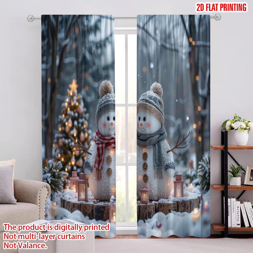 

Set Of 2 Flat Printing Merry Christmas Window Drapes Winter Miracle Snowman Tree Polyester Without Electricity Curtain W100*H70(CM)-Grommet top&2PCS