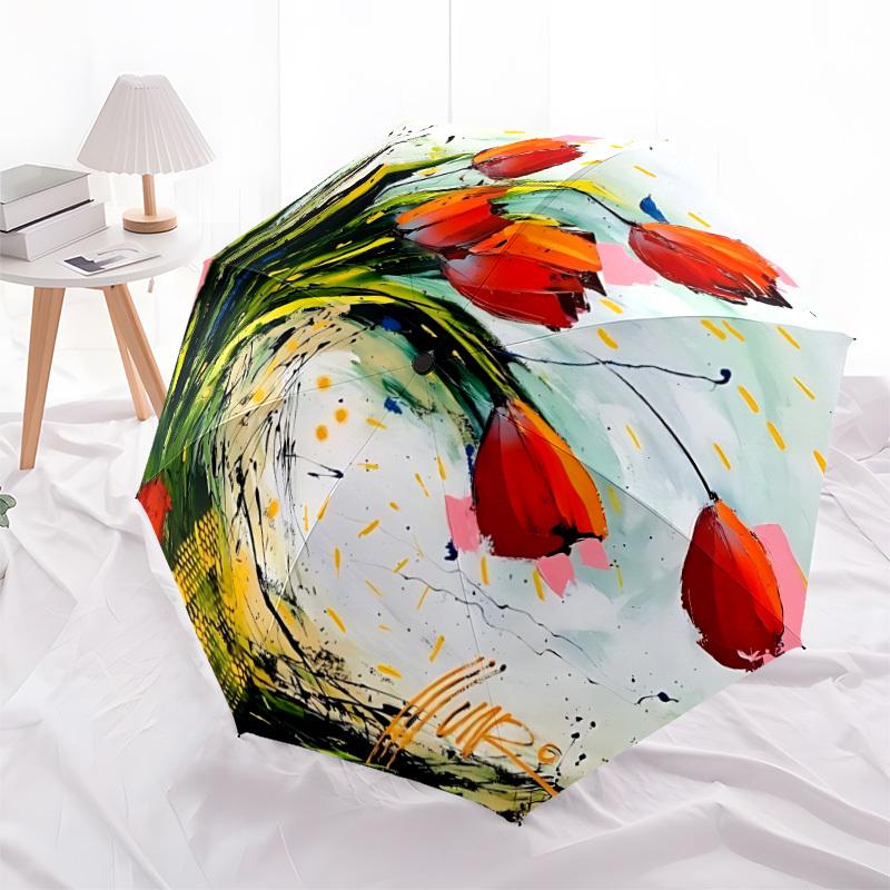 1pc Floral Abstract Automatic Folding Umbrella, Sturdy And Durable Automatic Folding Umbrella with 8 Ribs, Convenient for Outdoor Use194