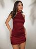 European-Style Red Satin Halter Neck Backless Dress - Sexy, Short, Hip-Hugging Evening Gown for Women