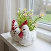 Three Chicken Coop Family Flower Pot, White Resin Desktop Decoration,Farmhouse Style Planter for Succulents and Small Plants