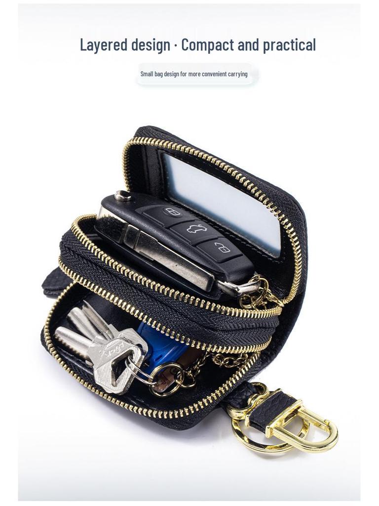 Unisex Genuine Leather Double Zipper Key Holder Waist Bag