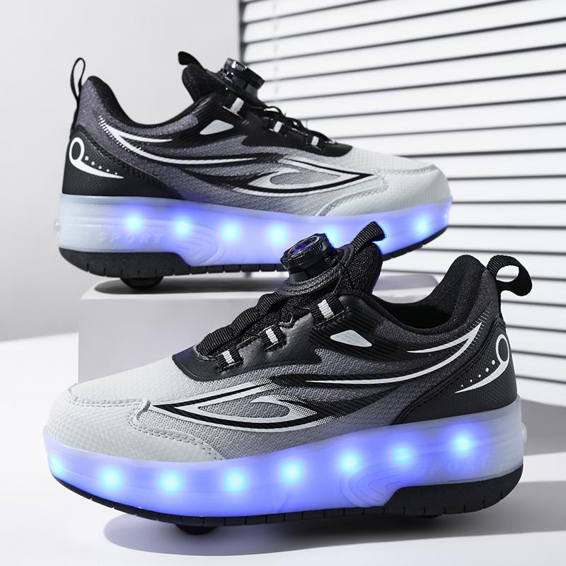 Barn Tvåhjuliga Dubbelanvändning LED Uppladdningsbara Lysande Rullskridskor Dubbelradiga Heelys Skor Rullskridskor