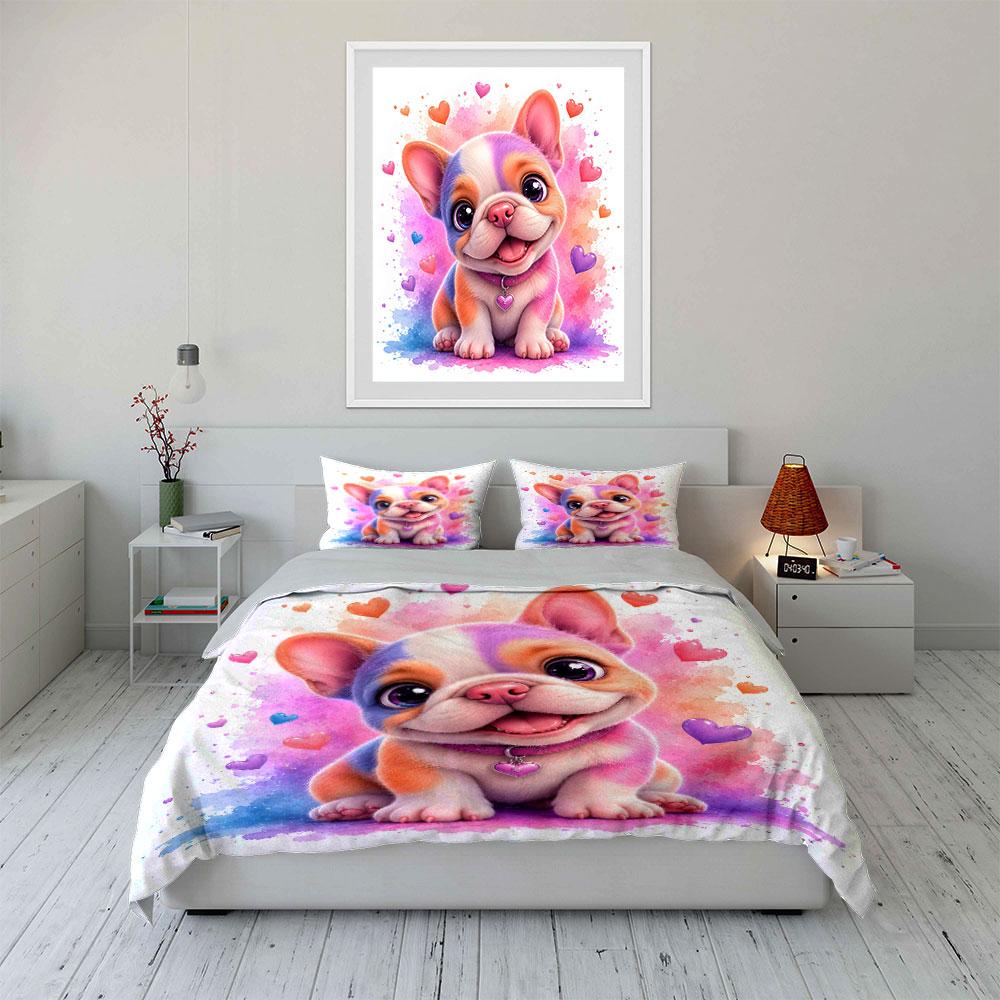 Colorful cartoon puppy with hearts Print Bedding Set 1 Duvet Cover 2 Pillowcases for Adult and Children Luxury Gift Full Size