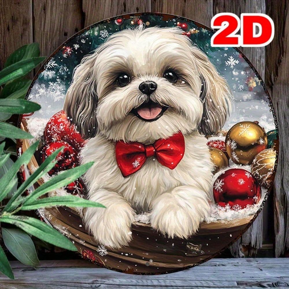 Shiba Inu Christmas Round Wreath Metal Wall Decor 8x8 Inch Aluminum Gift Holiday Home Decoration