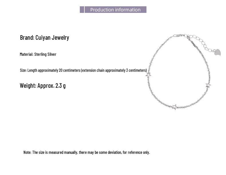 Cui Yan S925 Sterling Silver Korean Five-Pointed Star Bracelet for Women – Trendy Simple Design with Crushed Silver Beads.