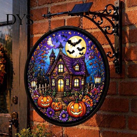 Entryway Holiday Decor Solar Halloween LED Hanging Sign Light, Outdoor Waterproof Lighted Handcrafted Resin Signs for Porch Yard Garden Halloweens