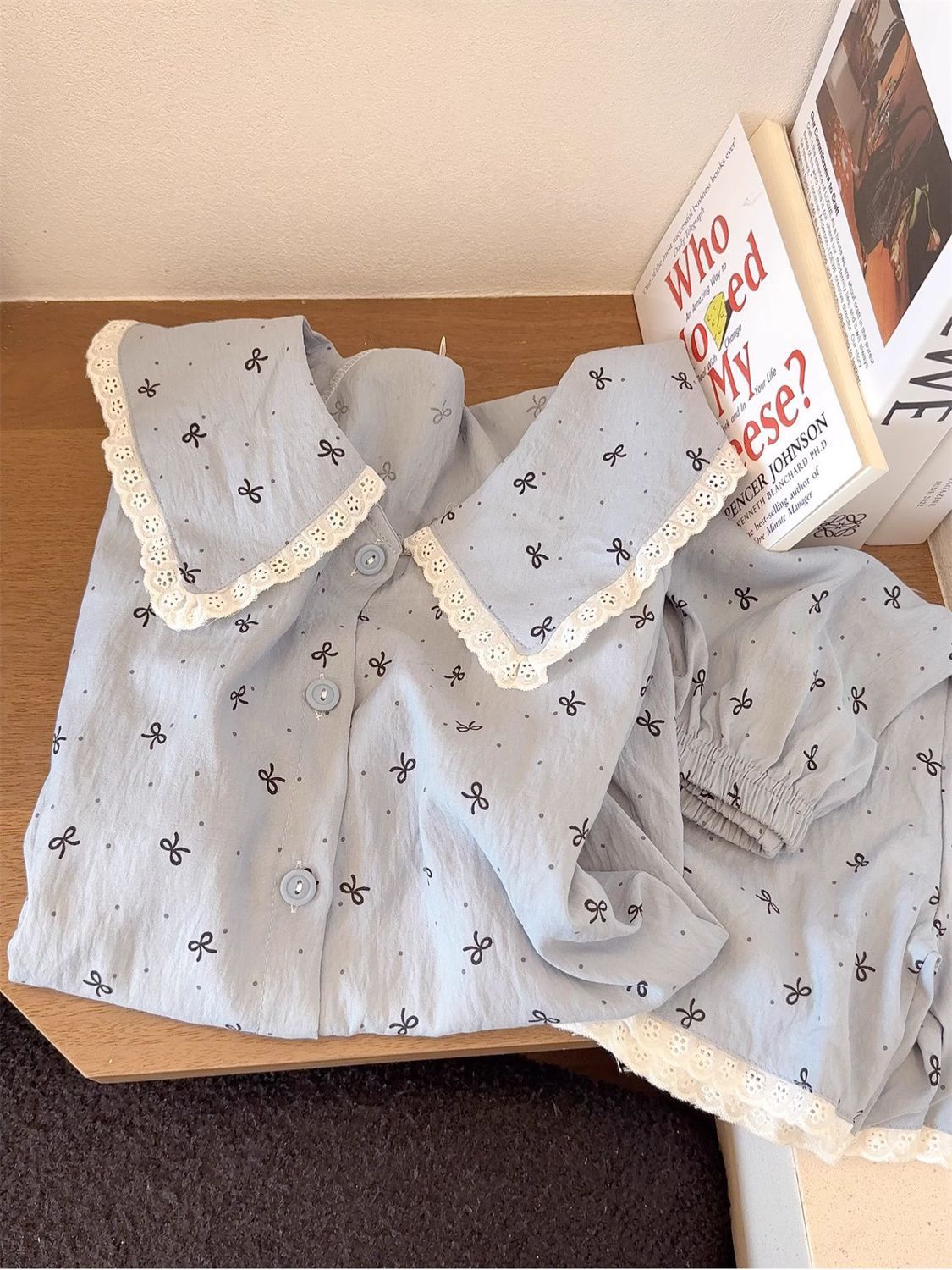 Korean blue lace polka dot pajamas women s summer short-sleeved shorts doll collar two-piece set women s casual loungewear S
