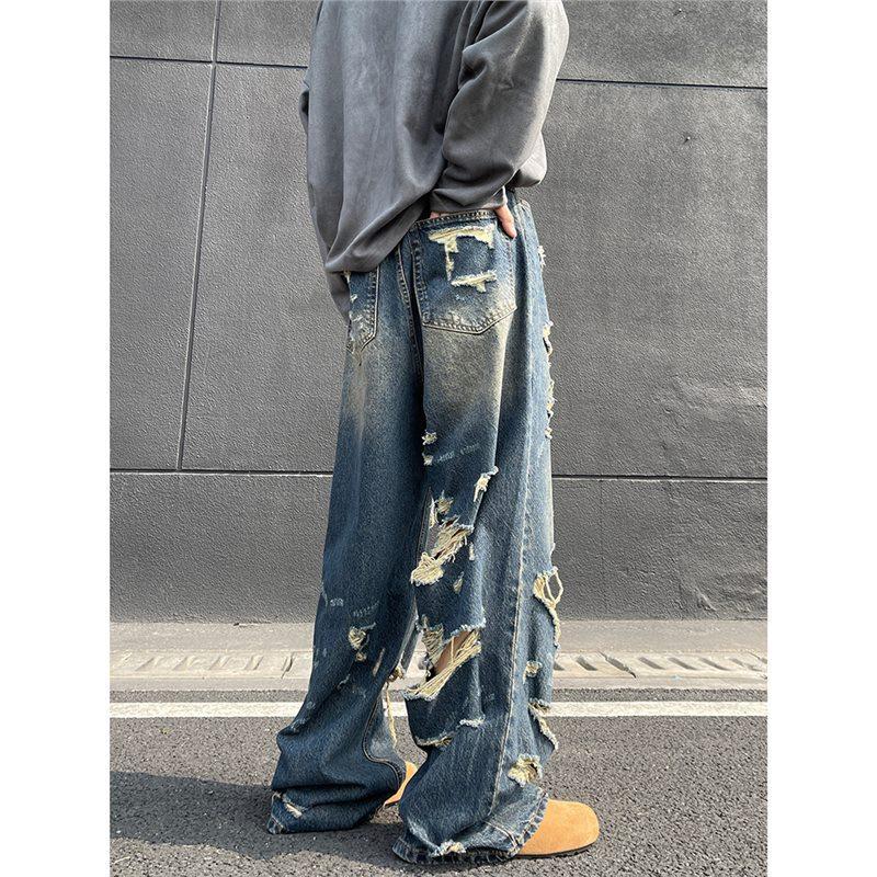 American Vibe Jeans Men's Summer New Ripped Design Sense Loose Wide Legs Trend Versatile Long Pants