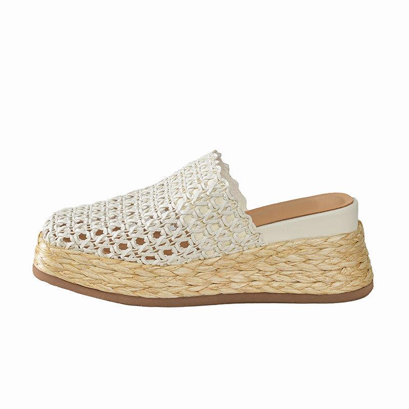 Hollow Woven Bag Head, Half Slippers, Women's 25-year Summer Models, Breathable Outside, Lazy Muller Shoes, Heightened Straw Thick Soles Inside