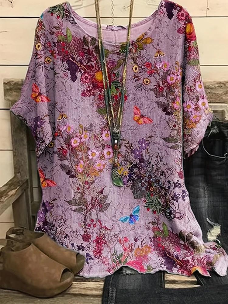 

Plus Size Women s Floral T-shirt - 2025 Summer Casual Retro Streetwear 2XL фіолетовий