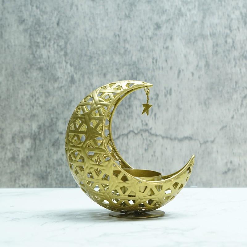 Middle Eastern Golden Moon Candle Holder Hollow Iron Scented Candle Stand, Arabic Night Decor Ramadan Eid Home Gift