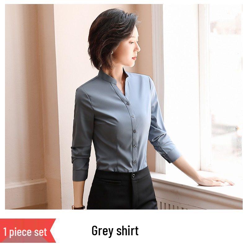 Women's Black Slim-Fit Professional Long-Sleeve Stand-Up Collar Shirt - New 2026 Business Formal Wear