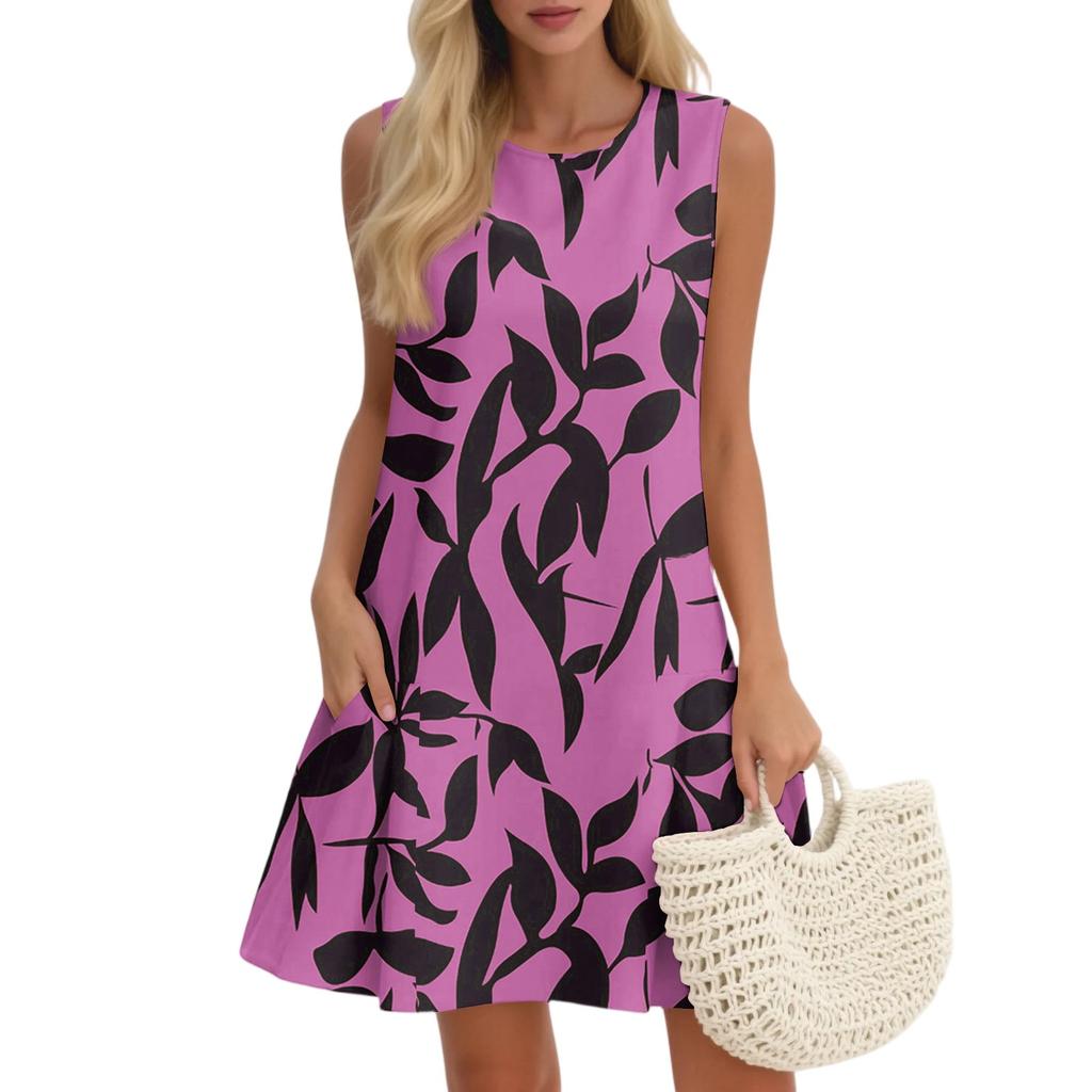 Women's Casual Fashion Breathable Round Neck Vest Floral Holiday Dress With Pockets