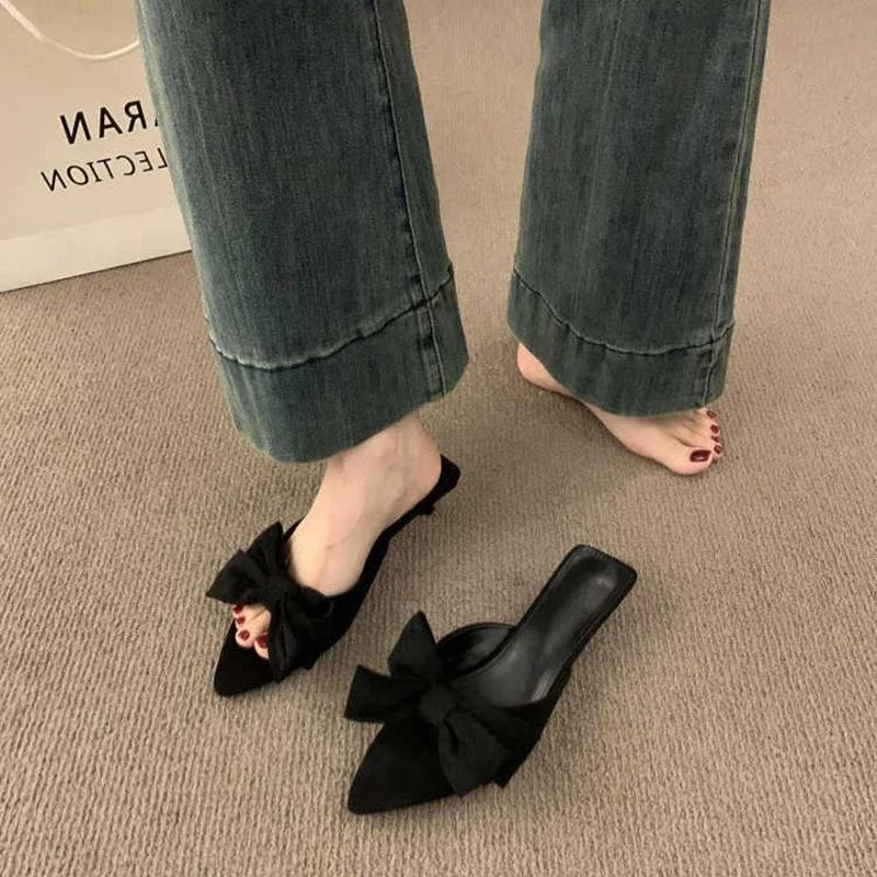 Fashion Bow - Decorated Pointed - Toe Mules | Multi - Color Retro Suede Casual Stylish Slippers