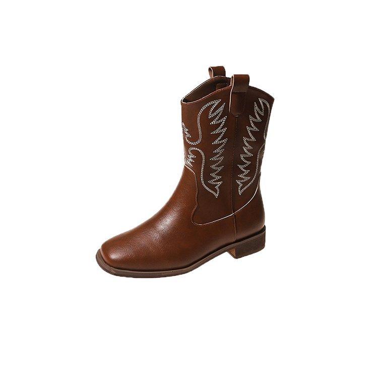 New Winter Women's Shoes Vintage Retro Embroidery Brown Beige Thick Heels Leather Boots Knight Boot Western Cowboy Boots