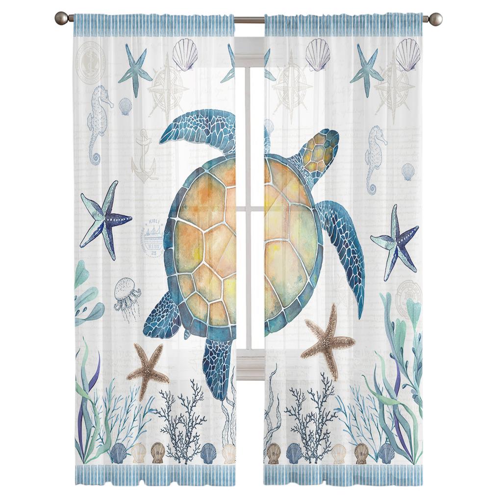 Życie morskie Muszle morskie Żółwie morskie Firanki Salon Sypialnia Kuchnia Dekoracja Okna Woale Organza Tiul Zasłona