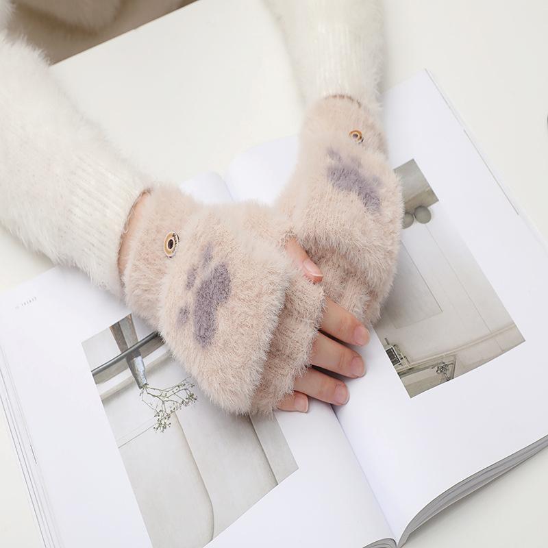 New Kawaii Women Warm Cat Gloves Fashion Girls Cat Claw Paw Plush Mittens Soft Plush Short Fingerless Half Finger Winter Gloves